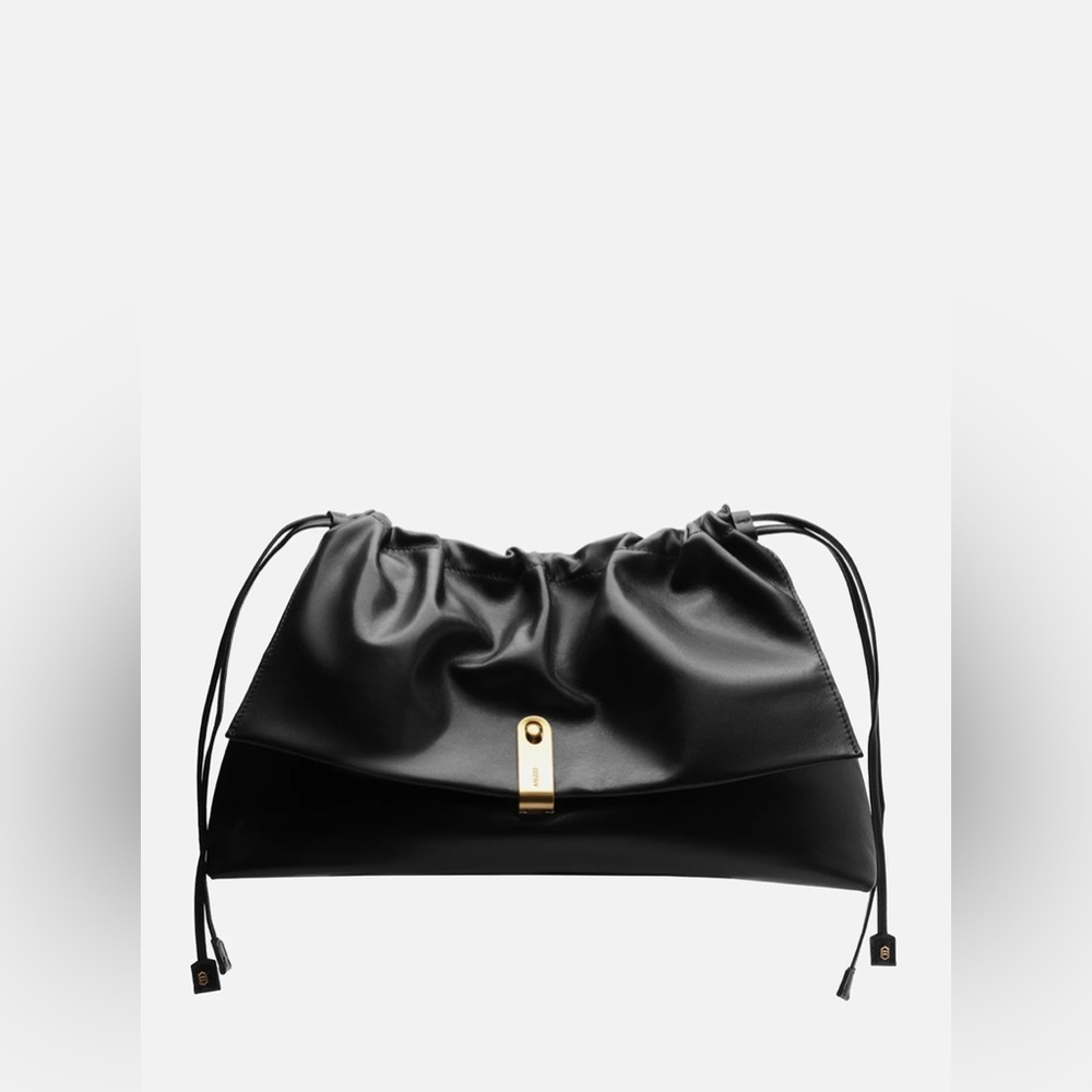 Black Drawstring Leather Shoulder Bag with Gold Hardware